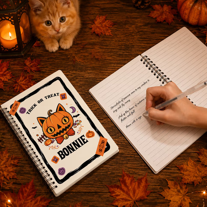 Personalized Halloween Theme Kitty Pumpkin Candy A5 Spiral Notebook with Name and Text Halloween Gift for Kid Halloween Lover