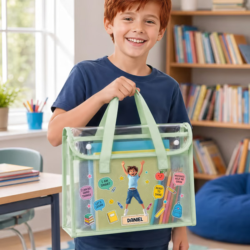 Personalized Kids Clear Tote Bag Custom Name School Organizer Transparent Handbag For Books Stationery Toys