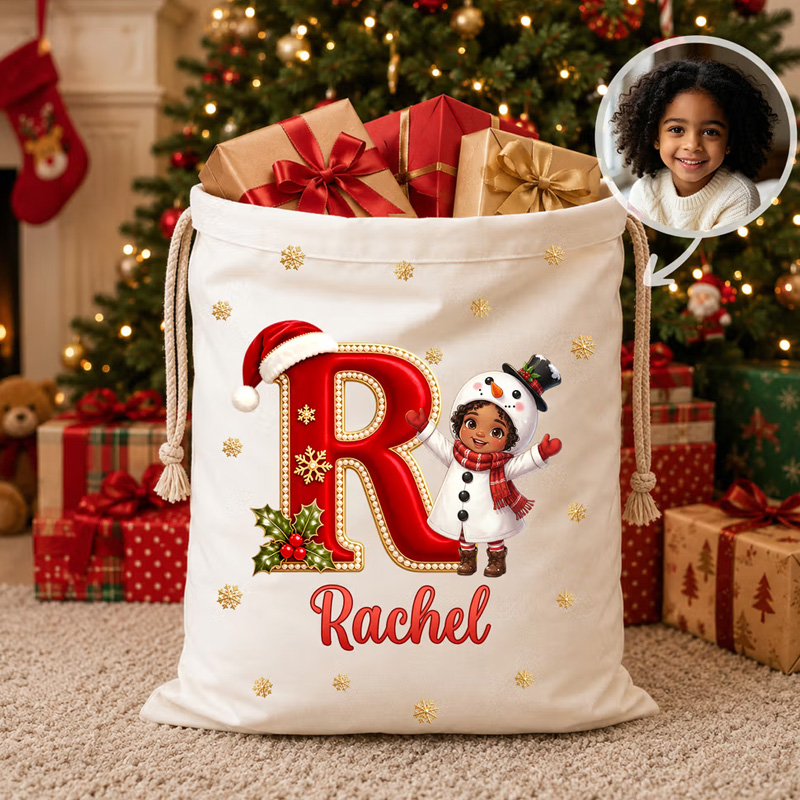 Personalized Photo Design Santa Claus Gift Bag with Name and Initial Christmas Gift for Family Friends