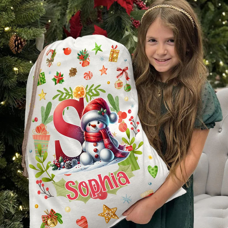 Personalized Snowman Reindeer Penguin Christmas Initial Drawstring Christmas Gift Bag with Name Christmas Eve Party Gift for Kids Family Friends