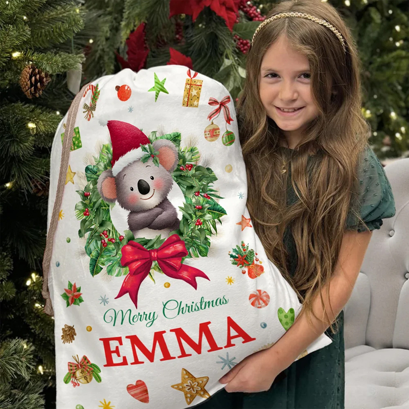 Personalized Cute Cartoon Christmas Animal Wreath Drawstring Christmas Gift Bag with Name Christmas Eve Party Gift for Kids Family Friends