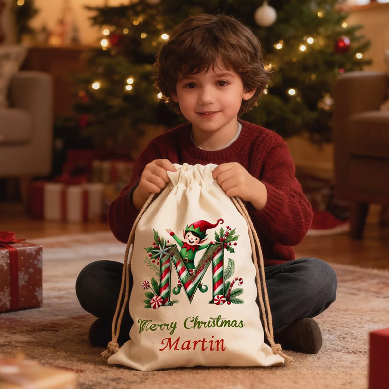 Personalized Merry Christmas Cute Elf Canvas Drawstring Gift Bag with Name and Initial First Christmas Party Favors for Kids Family