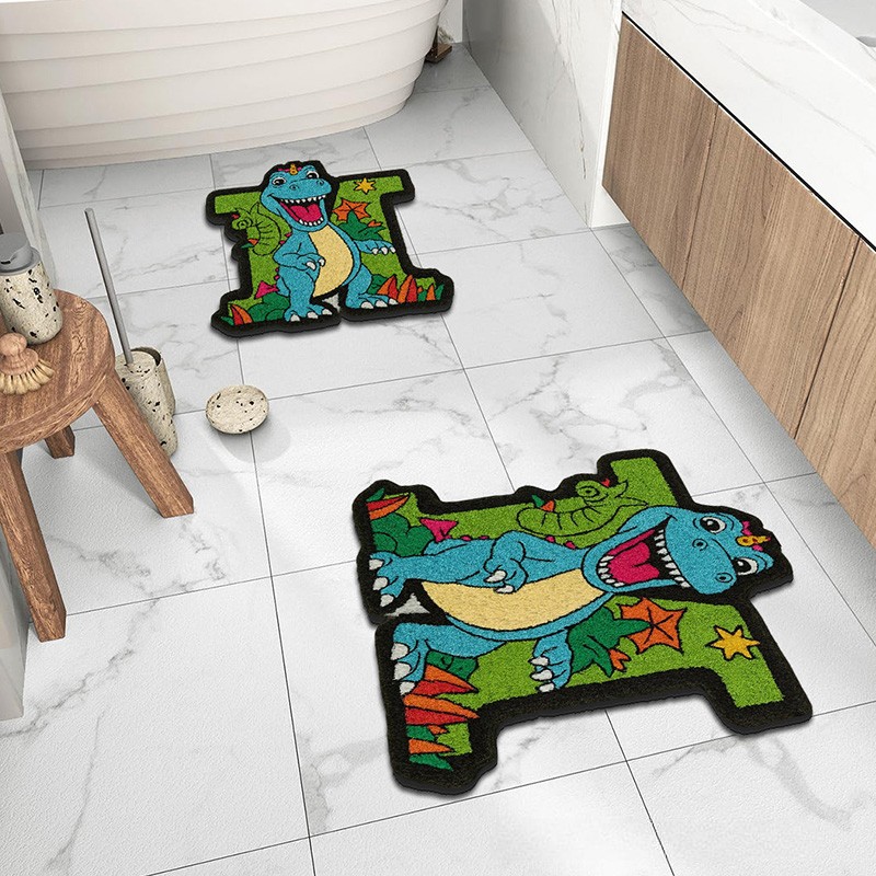 Personalized Dinosaur Theme Custom Name Green Blue T Rex Fun Cartoon Style Carpet Rug for Kids