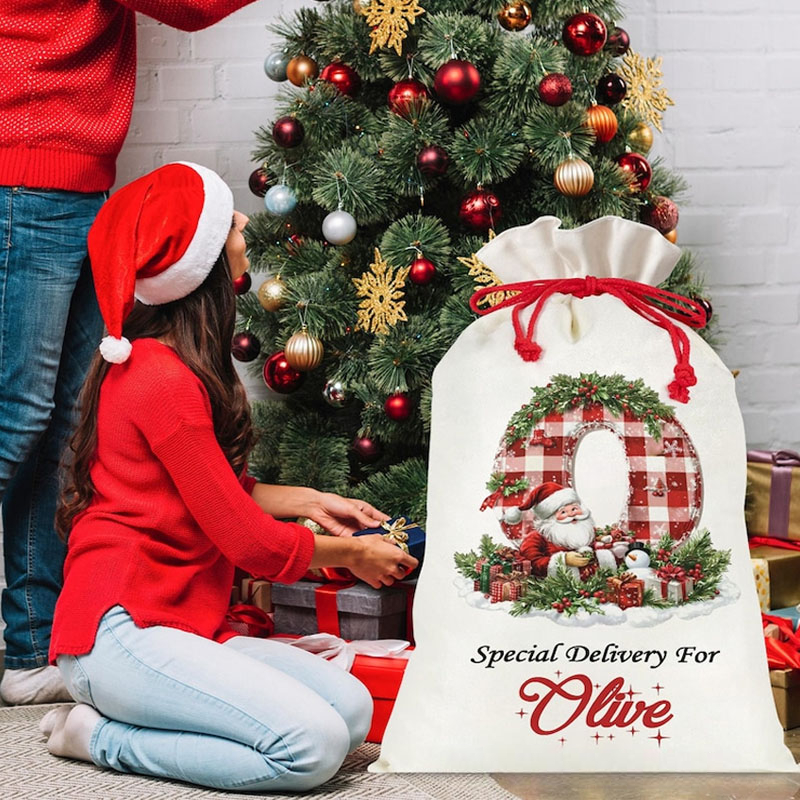 Personalized Plaid Initial Christmas Bag with Festive Snowman and Custom Name for Special Holiday Deliveries Christmas Bag