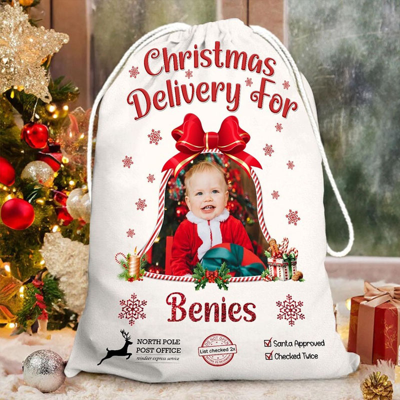 Personalized Photo Christmas Bag with Festive Frame and Custom Name for Heartfelt Holiday Gift Giving Christmas Bag