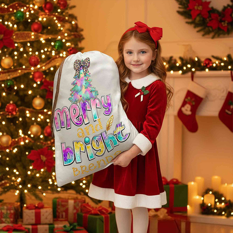 Personalized Merry and Bright Christmas Bag with Festive Tree Design and Custom Name for Joyful Holiday Cheer Christmas Bag