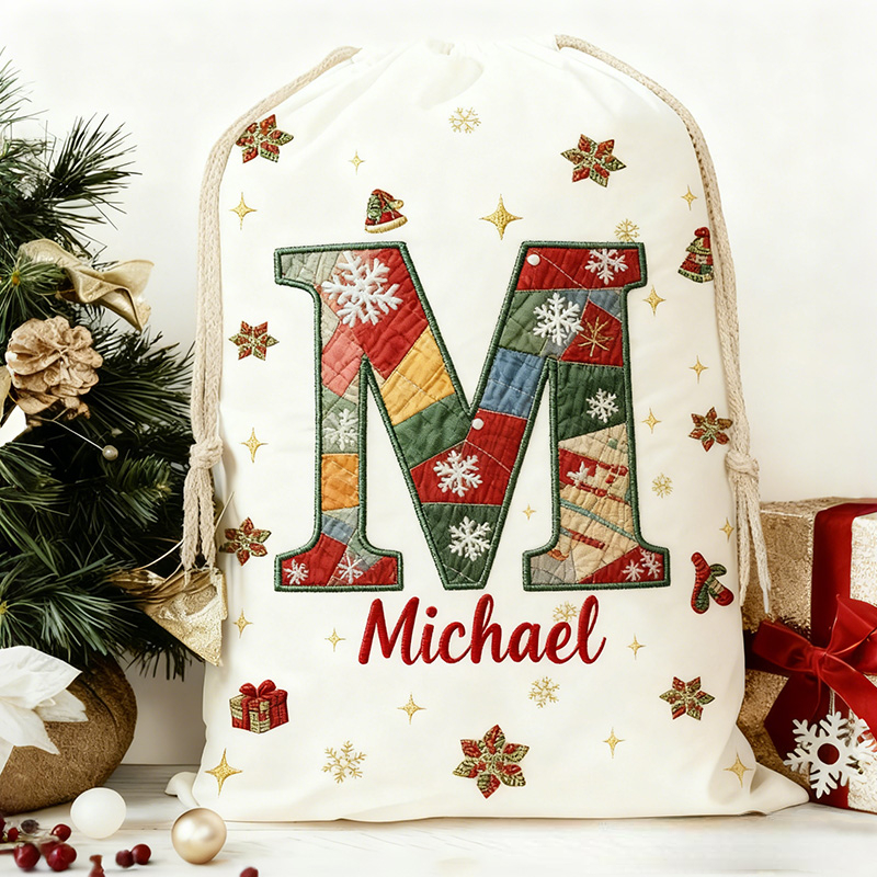 Personalized Initial Christmas Bag with Custom Name and Festive Imitation Embroidery Effect Style Design for Holiday Gifts Christmas Bag