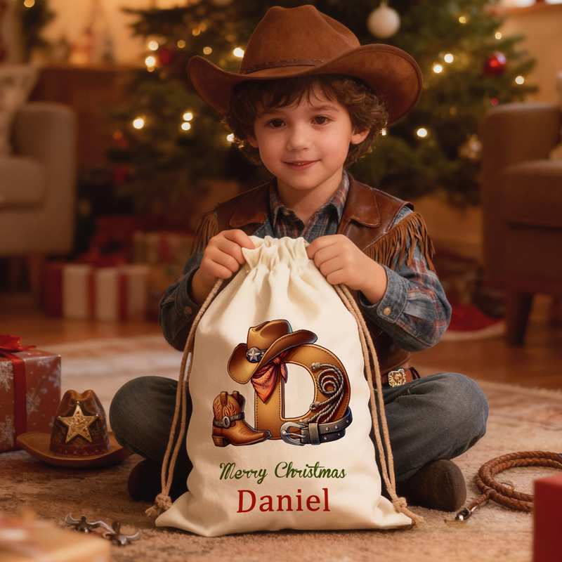 Personalized Santa Sack with Custom Name Western Christmas Gift Bag for Kids and Family Christmas Cowboy Boot Initial Name Gift Bag