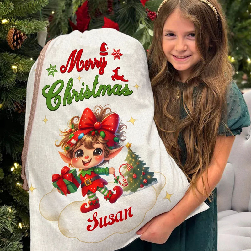Personalized Merry Christmas Cute Cartoon Elf Canvas Drawstring Gift Bag with Name Christmas Party Favors for Kids Family