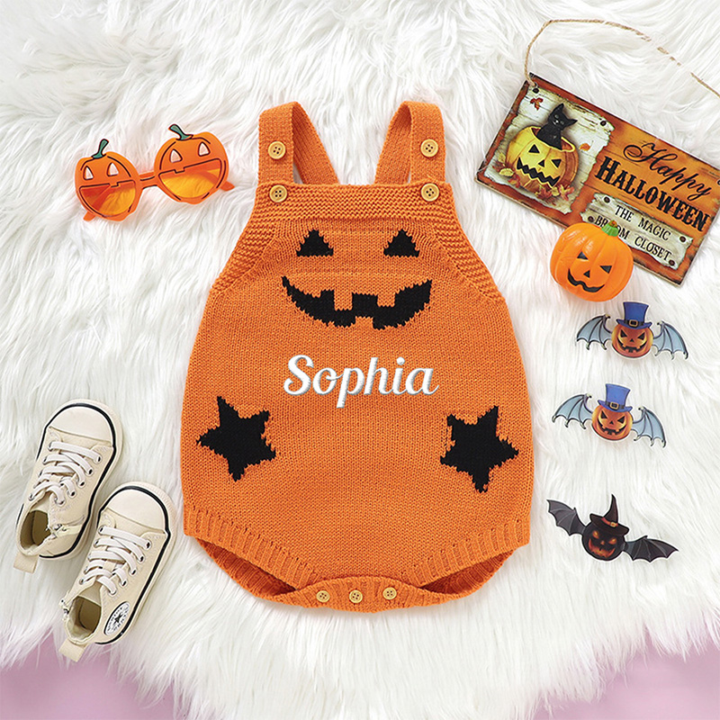 Personalized Baby Knitted suspenders Romper Halloween Pumpkin Jack O Lantern Outfit Custom Name Sleeveless Jumpsuit Costume