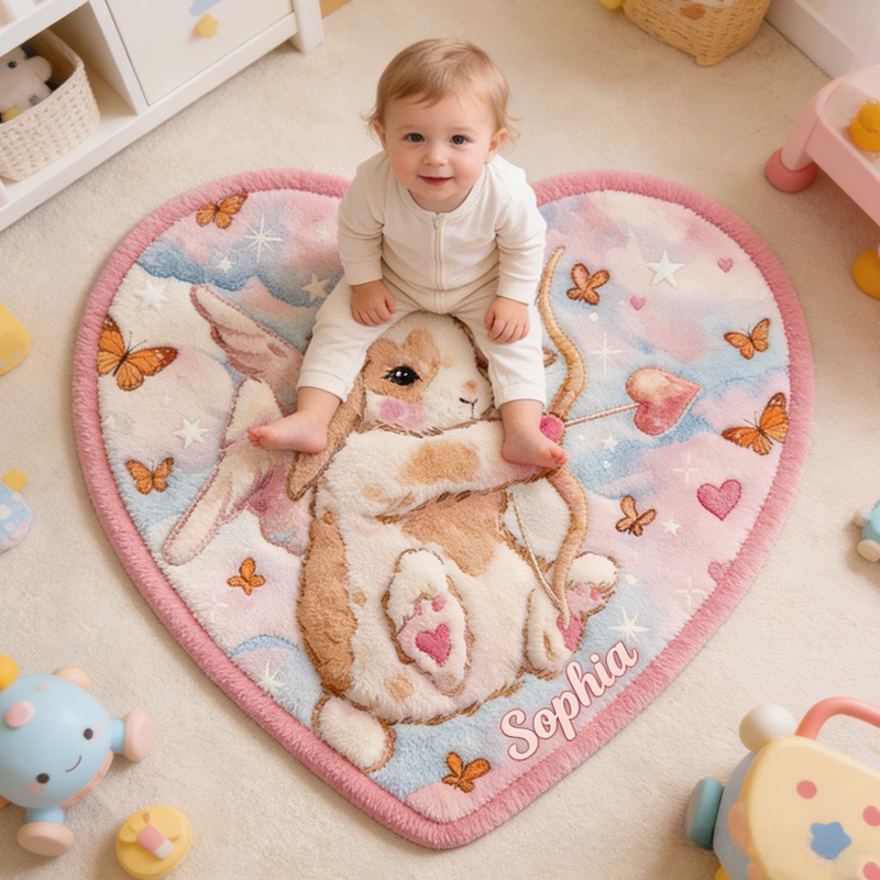 Personalized Bunny Angel Theme Custom Name Heart Shape Cute Pink Cloud Style Carpet Rug for Kids