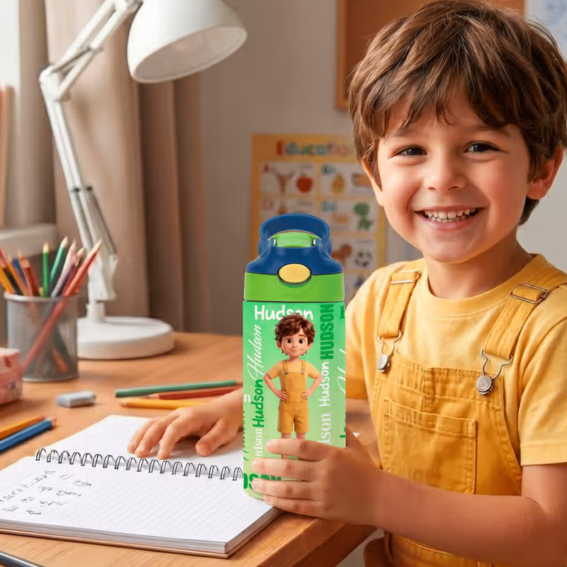 Personalized Cartoon Character BPA-Free Transparent or Insulated Water Bottle with Straw and Name Back to School Gift for Kids