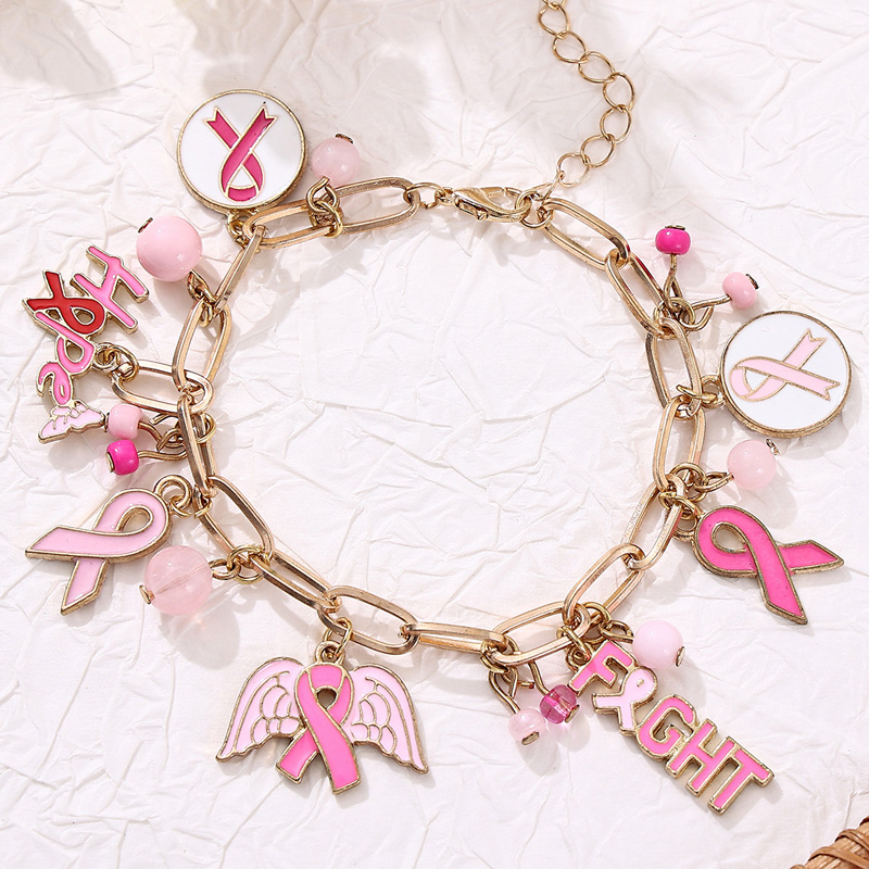 Breast Cancer Awareness Charm Bracelet Pink Ribbon Angel Wing Beaded Chain Jewelry For Women