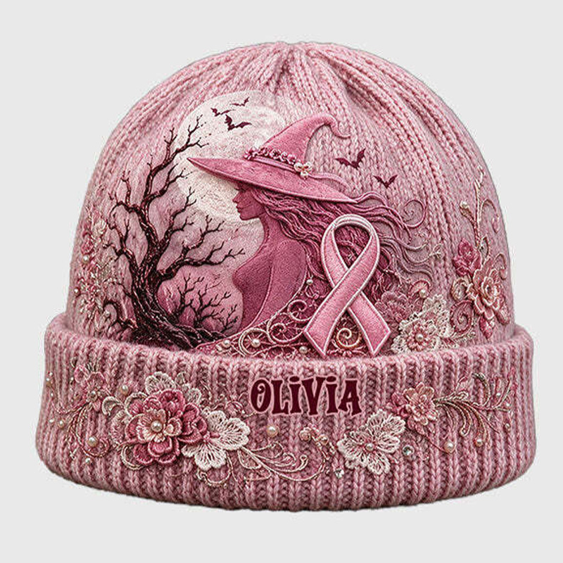 Personalized Breast Cancer Awareness Knit Beanie Pink Ribbon Tree Moon Pattern Name Hat For Women Winter Warm