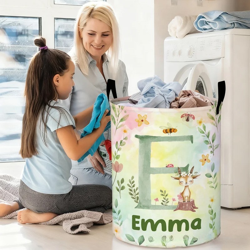 Personalized Cartoon Forest Animal Laundry Storage Basket with Name and Initial Daily Use Birthday Gift for Friend Family