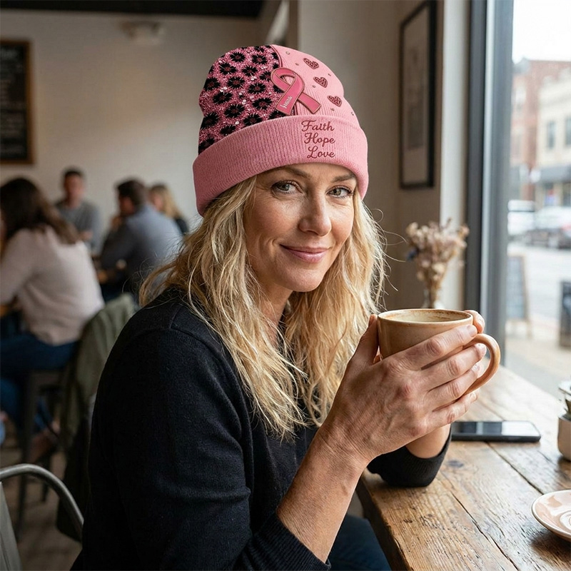 Personalized Breast Cancer Awareness Knit Beanie Pink Ribbon Faith Hope Love Heart Pattern Winter Warm Hat