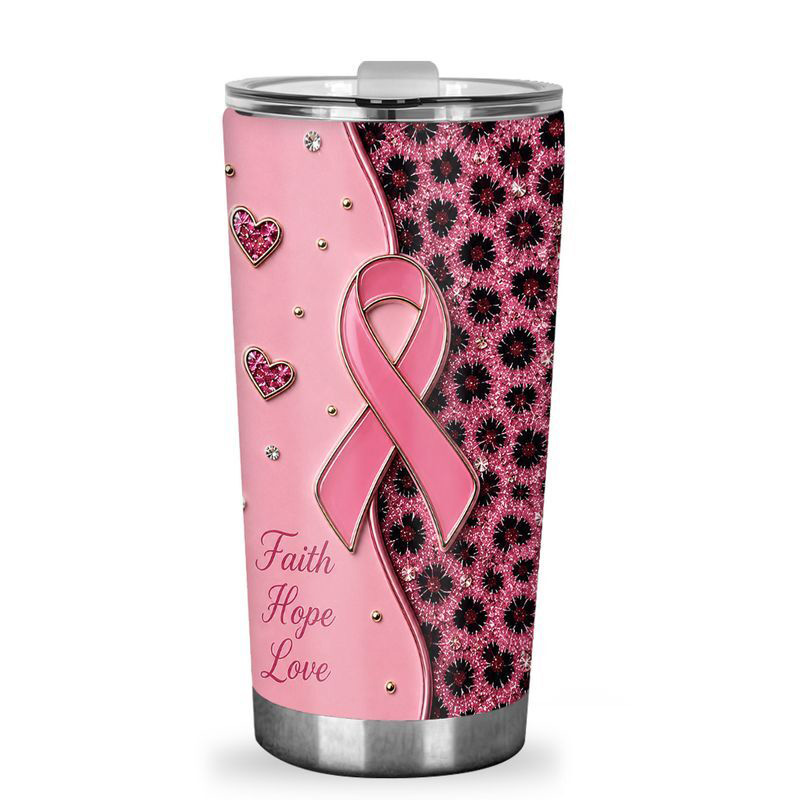 Personalized Breast Cancer Awareness Tumbler Pink Ribbon Faith Hope Love Floral Heart Insulated Travel Cup