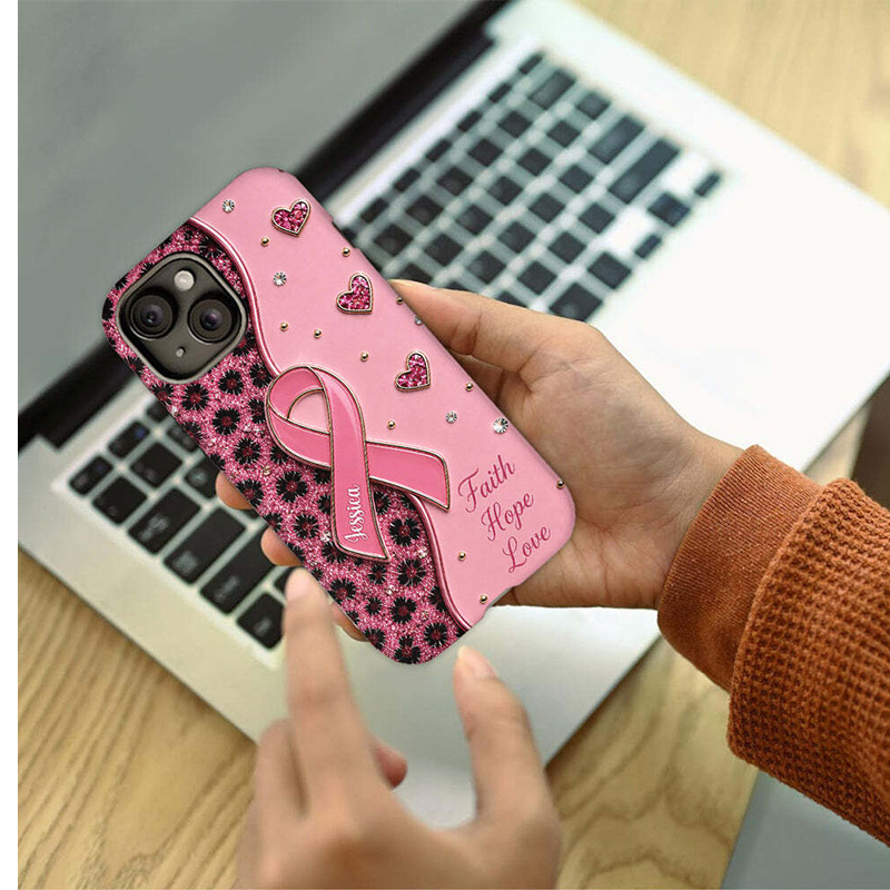 Personalized Breast Cancer Awareness Phone Case Pink Ribbon Faith Hope Love Floral Heart Protective Cover