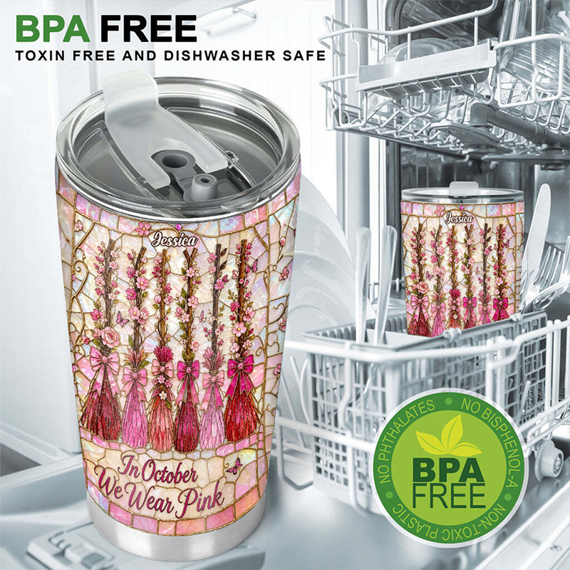 Personalized Breast Cancer Awareness Tumbler In October We Wear Pink Floral Ribbon Insulated Travel Cup