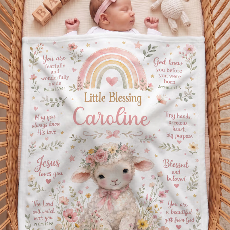 Personalized Flower Lamb Christian Blessing Quotes Soft Warm Throw Blanket with Name Room Decor Baby Shower Baptism Gift for Kid Newborn