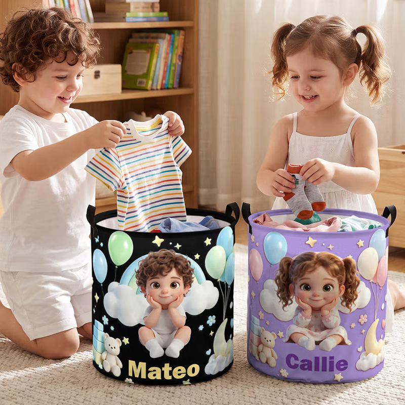 Personalized Cartoon Style Photo Waterproof Laundry Storage Basket with Name and Handles Room Decor Birthday Gift for Kids Boys Girls
