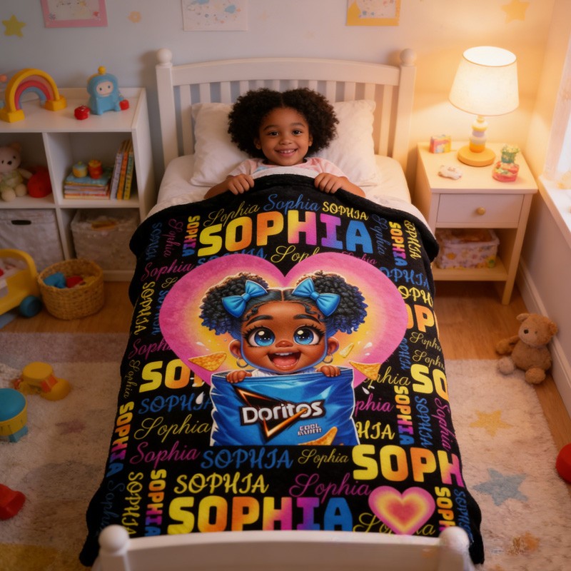 Personalized Cute Girl Theme Custom Name Pink Heart Background Afro Hair Bow Art Design Blanket