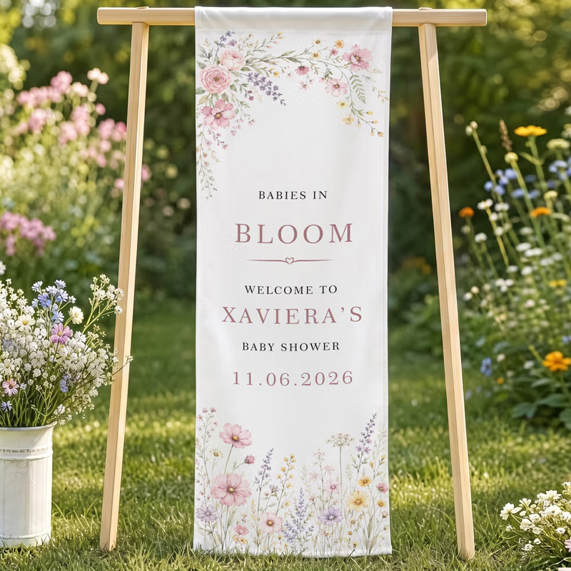 Personalized Wildflower Baby in Bloom Bow Welcome Banner with Name and Date Party Decor Baby Shower Gender Reveal Gift for Expecting Mom
