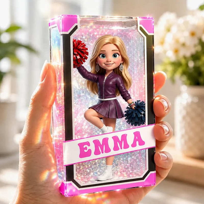 Personalized Acrylic Block Pink Glitter Border Strawberry Print Pom-pom Cheer Toddler Single Face for Baby Girl Game Day Gift