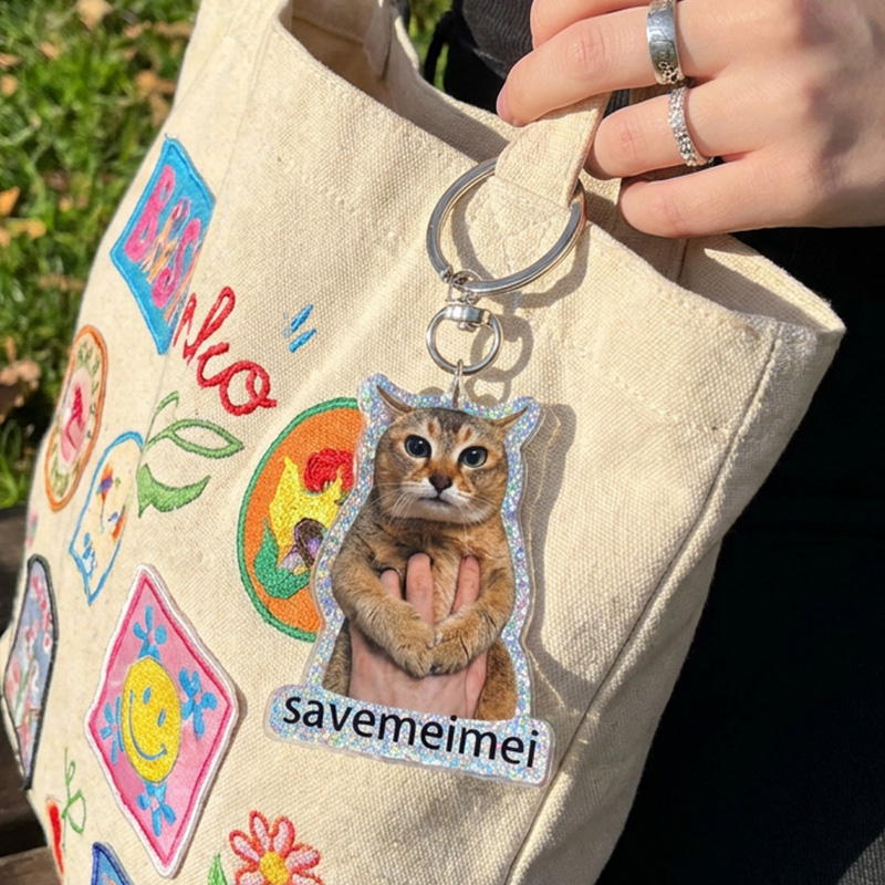 Personalized Save Meimei Cat Keychain Cute Glitter Meme Cat Key Ring Bag Charm Gift For Fans And Friends