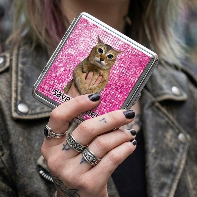 Personalized Save Meimei Cat Cigarette Case Cute Meme Cat Metal Smoking Box Portable Pocket Holder Gift For Fans