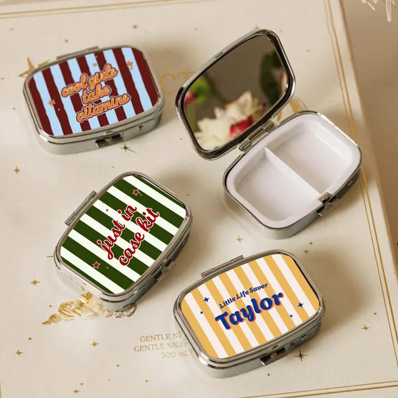 Personalized Colorful Striped Pill Box Cute Mini Medicine Case Portable Pocket Organizer Custom Name Travel Gift