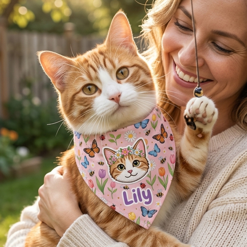 Personalized Dog Bandana Custom Pet Name Floral Butterfly Print Cute P