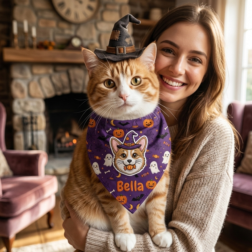 Personalized Dog Bandana Custom Pet Name Halloween Print Cute Puppy Scarf Spooky Triangle Bib Gift