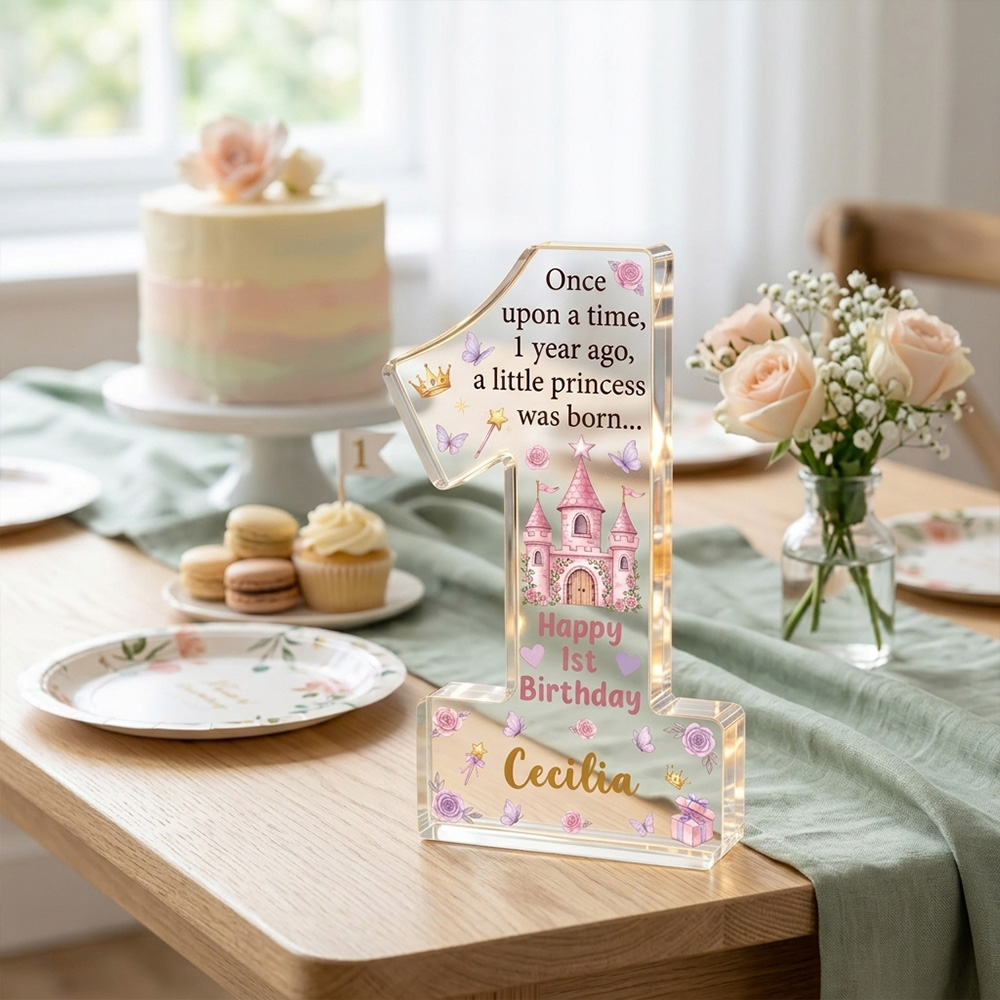 Personalized Princess First Birthday Acrylic Number One Keepsake Baby Girl Birthday Party Gift Pink Castle