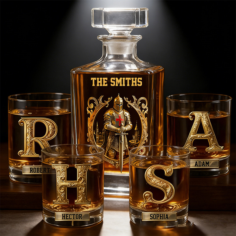 Personalized Strong Warrior Whiskey and Glass Set with Custom Initial and Name Drink Set for Family Christian Knight with Cross Whiskey Decanter Set