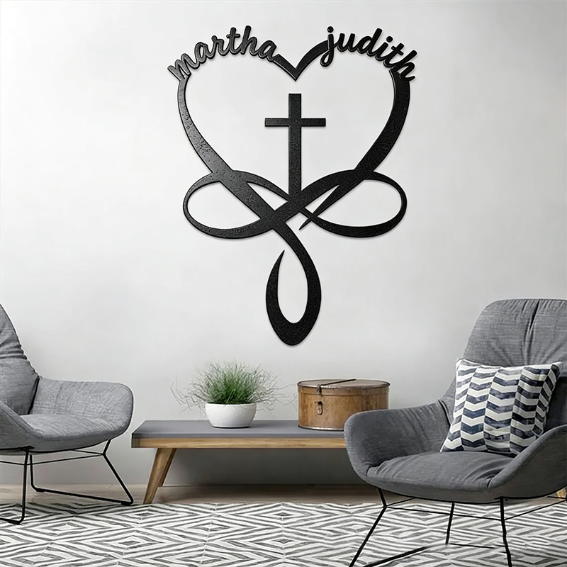 Personalized Heart Cross Infinity Metal Sign with Custom Names Wall Art Vintage Religious Decorations Wedding Gift for Couple Religious Christian Gift