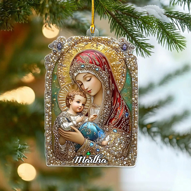 Personalized Virgin Mary and Baby Jesus Acrylic Ornament with Custom Name Religious Christmas Tree Decor Catholic Christian Icon Ornament Holiday Gift