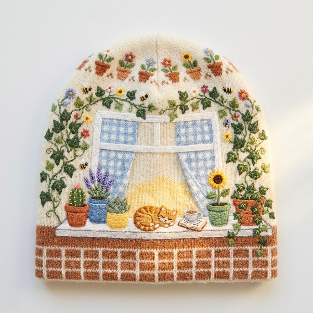 Sunlit Window Garden Knit Beanie Cozy Cat Flower Pot Vine Pattern Soft