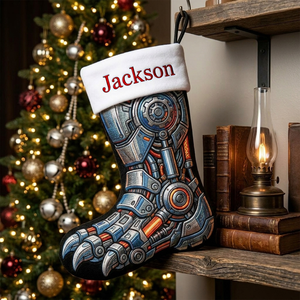 Personalized Christmas Stocking Custom Name Mechanical Dinosaur Inspired Holiday Sock Unique Fireplace Decor Gift For Kids And Fans