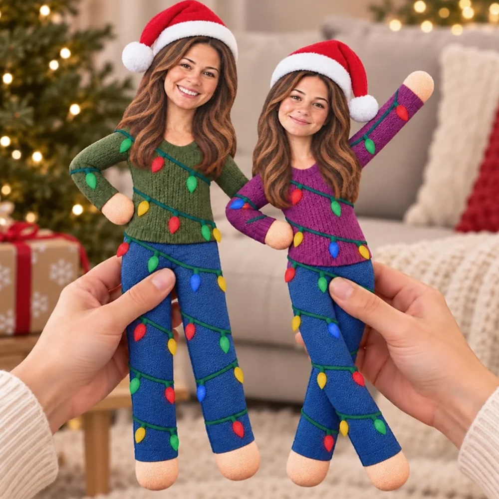 Personalized Poseable Plush Doll Custom Photo Christmas Light Poseable Doll Holiday Gifts For Sisters, Coworkers And Family