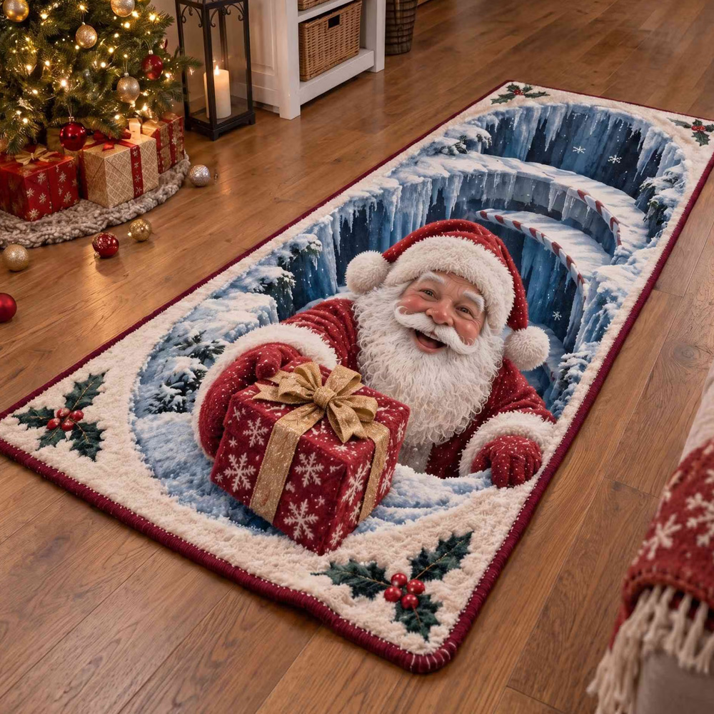 Personalized 3D Santa Area Rug Optical Illusion Christmas Floor Mat Ho