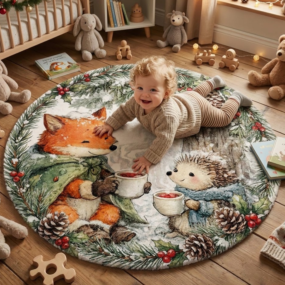 Personalized Woodland Animals Round Rug Cozy Animals Winter Scene Soft Play Mat For Nursery Kids Bedroom Rug