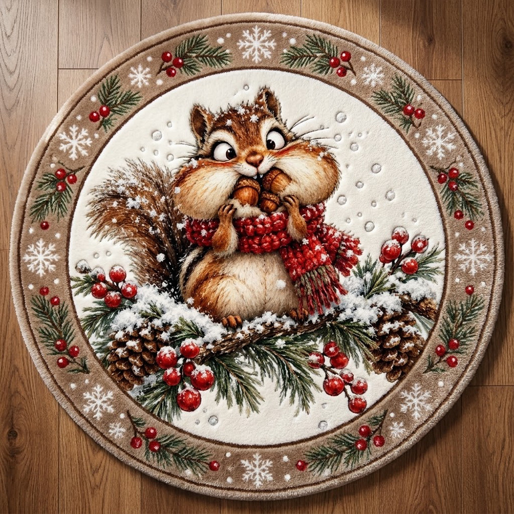 Personalized Christmas Animals Round Rug Cute Woodland Animal Snowflake Berry Pattern Soft Play Mat For Baby Nursery Floor Decor
