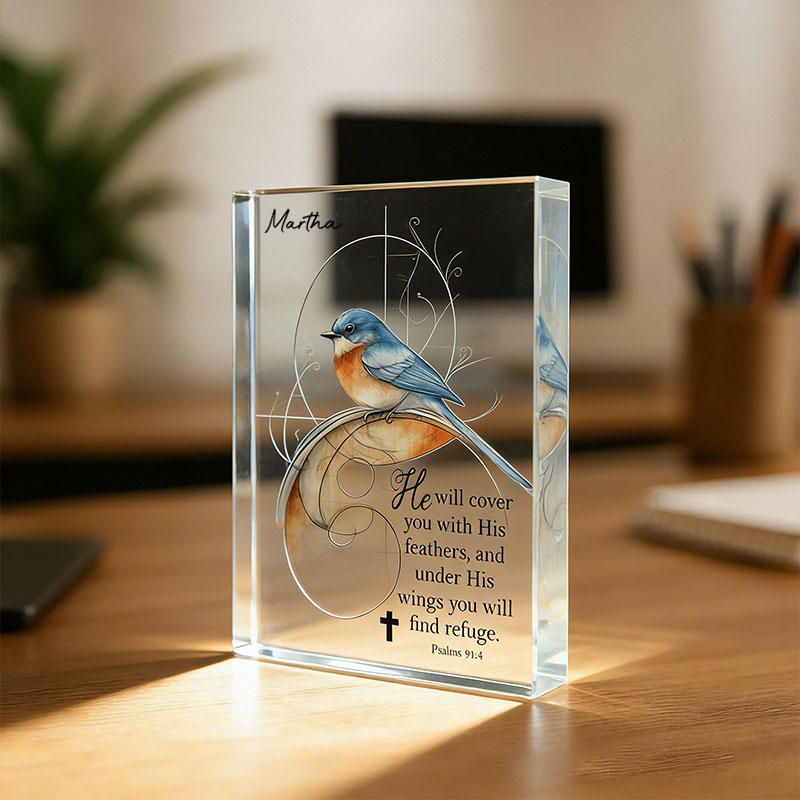 Personalized Bluebird Psalm 91:4 Acrylic Block with Custom Name Scripture Wall Art Faith Home Decor Christian Gifts for Women