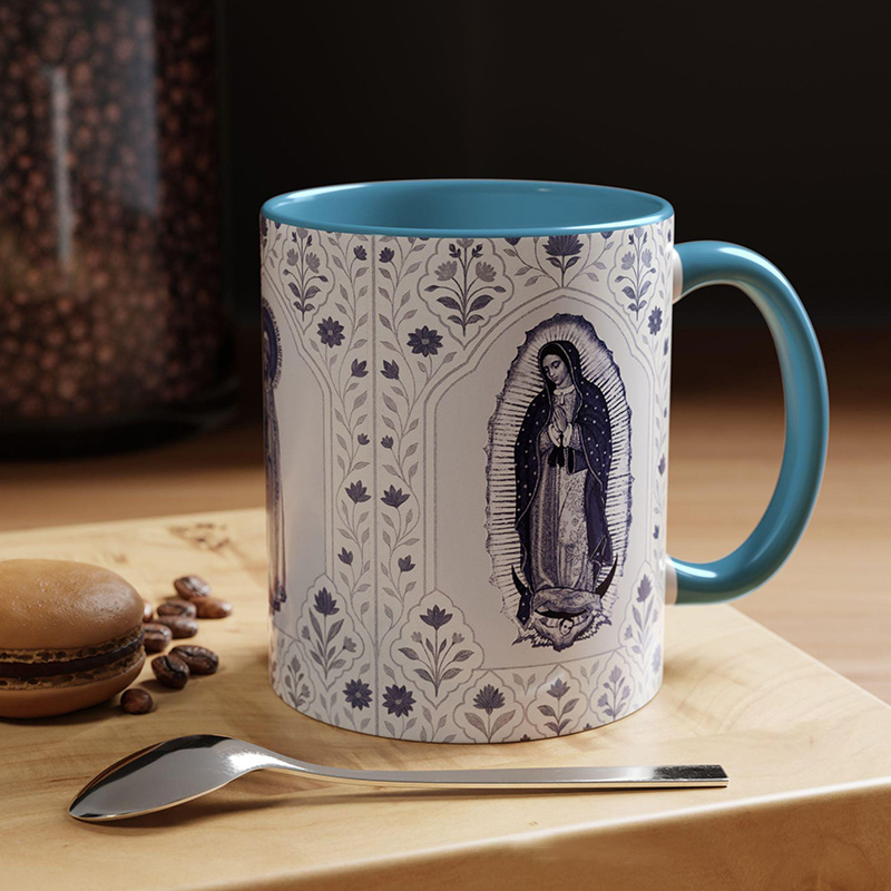 Personalized Vintage Blue Virgin Mary 11oz Ceramic Mug with Custom Name Floral Catholic Our Lady Coffee Mug Marian Coffee Cup Catholic Gift for Women