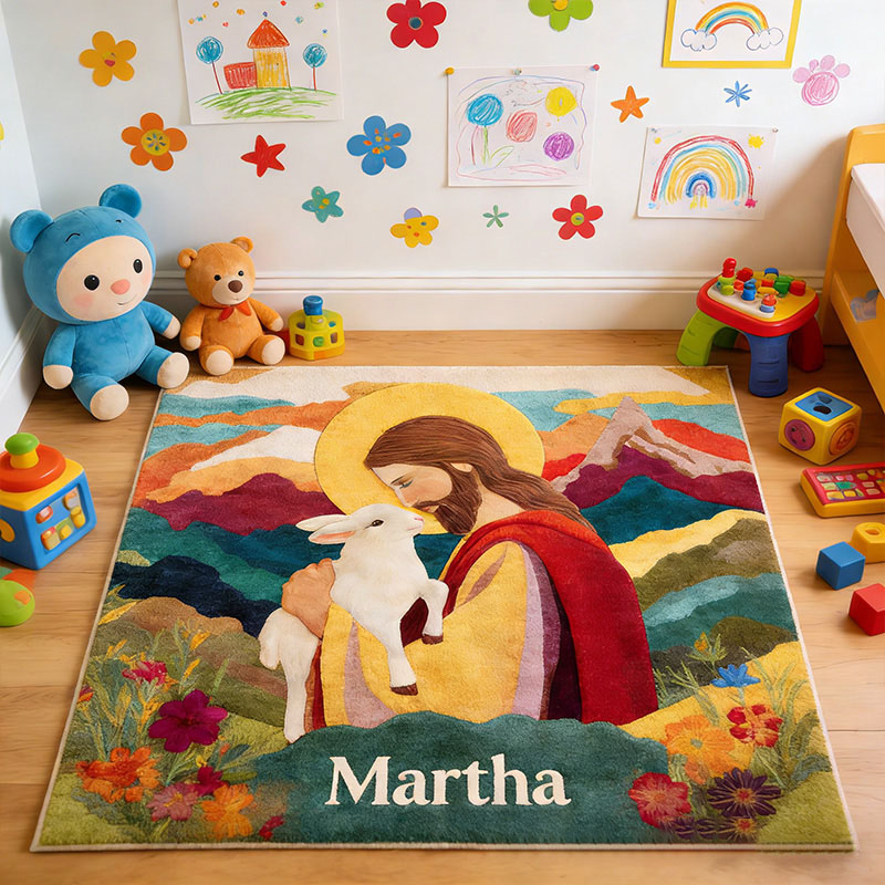 Personalize Jesus and Lamb Rug with Custom Name Religious Rug for Women Faith Based Gift Christian Gift for Her