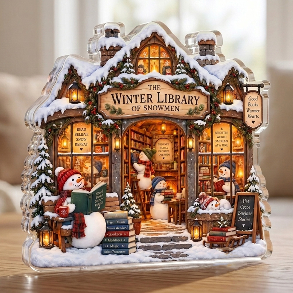 Personalized Snowman Library Acrylic Plaque Winter Bookshop Christmas Decor Book Lover Shelf Sign Reading Lover Gift