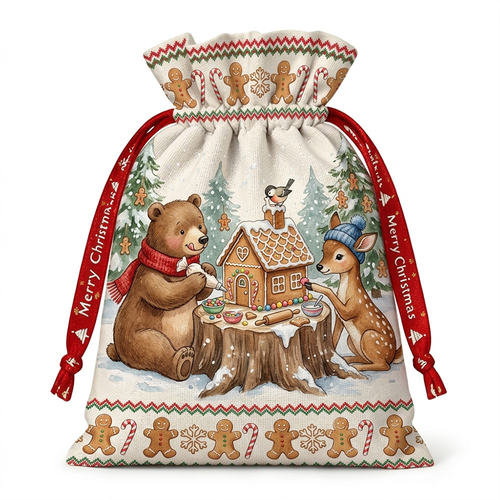 Christmas Santa Sack With Name Woodland Animals Gingerbread House Holiday Gift Bag Kids