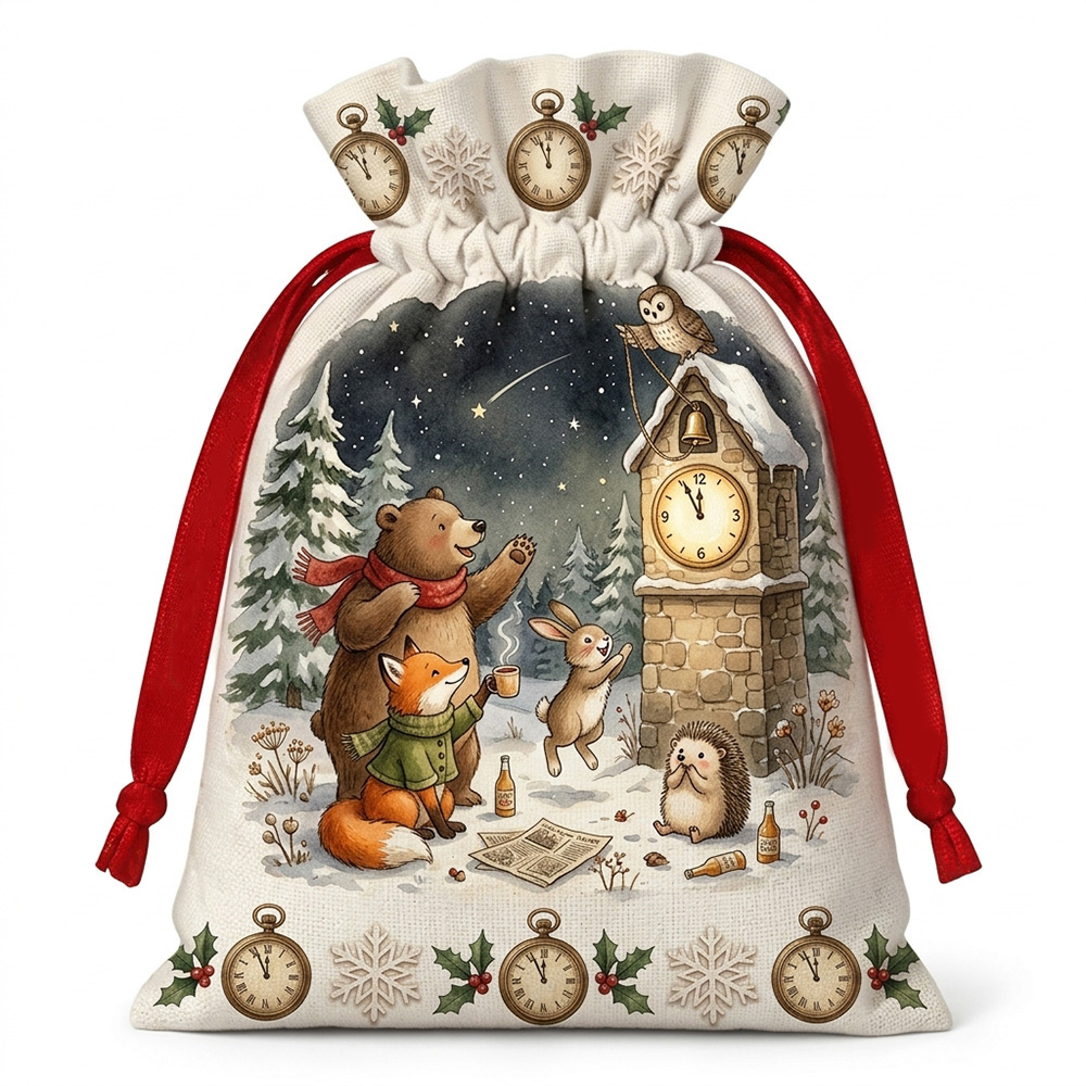 New Year Eve Christmas Sack Woodland Animals Clock Tower Countdown Holiday Gift Bag for Kids