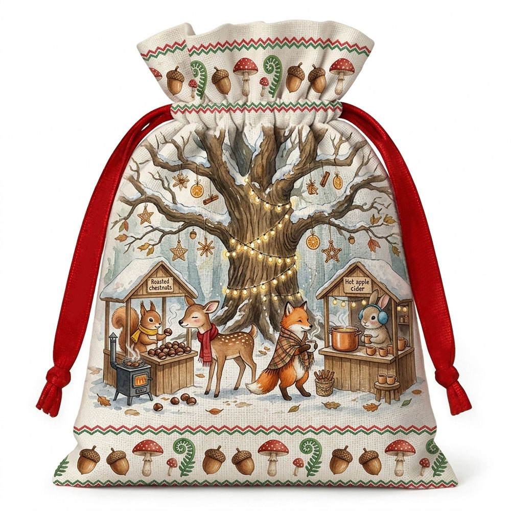 Woodland Christmas Gift Bag With Forest Animals Winter Treat Sack For Kids Holiday Gifts